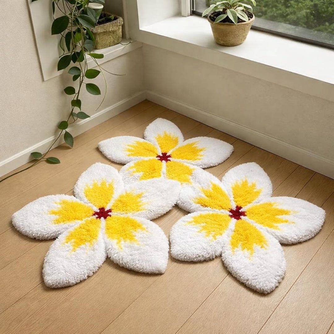 Handmade Plumeria Flower Rug Set, Custom Tufted White and Yellow Floral ...