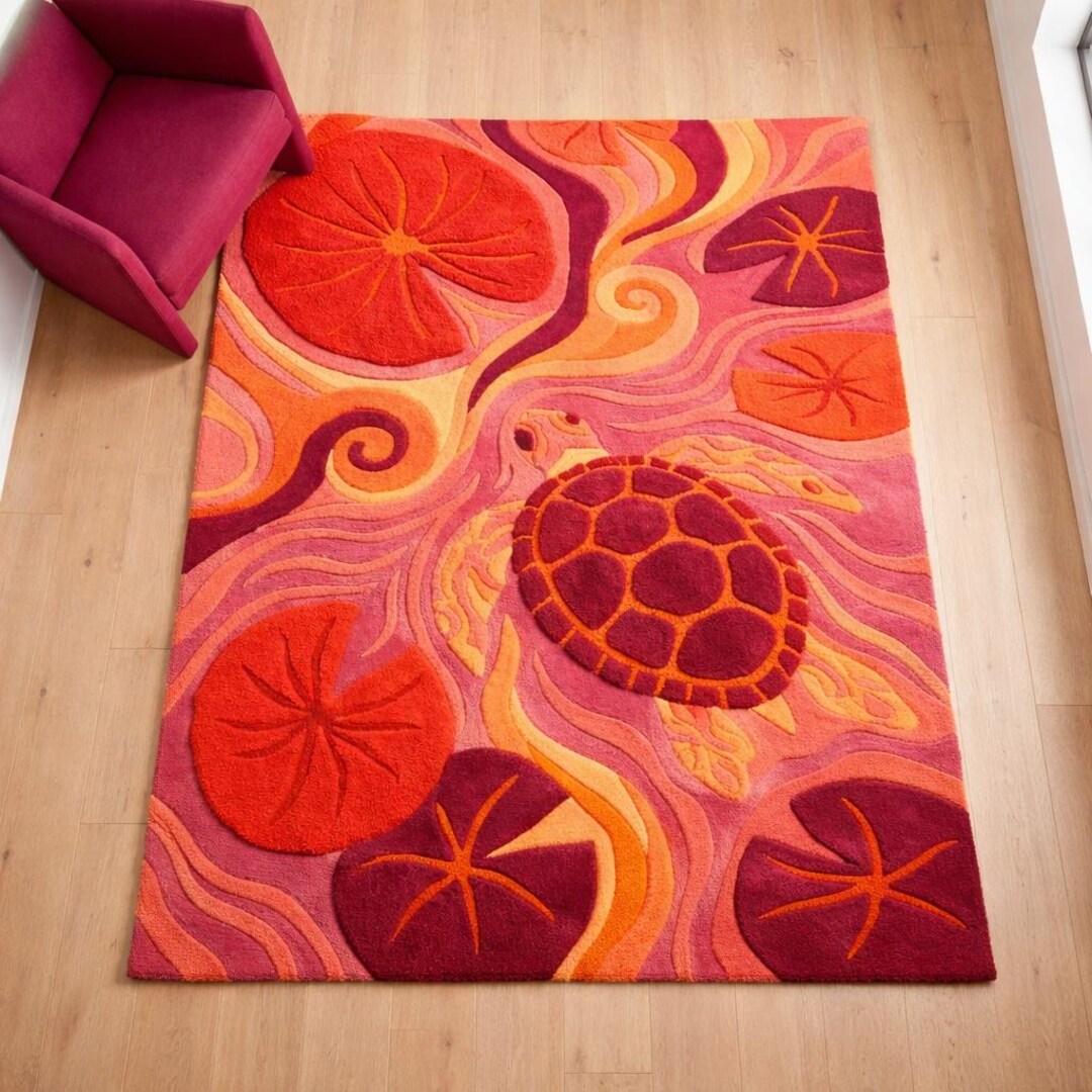 Handmade Red Sea Turtle Rug, Custom Tufted Ocean Lily Pad Area Carpet ...