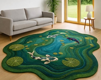 Koi Fish Pond Area Rug – Japanese Zen Inspired Nature Carpet, 3D Water Lily Floor Rug, Modern Living Room Home Decor
