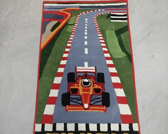 Hand Tufted Race Track Runner Rug – Kids Car Road Area Carpet, Formula Racing Handmade Hallway Runner for Playroom & Bedroom
