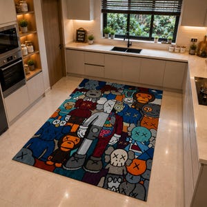 May include: A colorful area rug featuring cartoon-style characters in various colors, including blue, gray, red, and orange. The rug is rectangular and placed on a light-colored tiled floor in a kitchen setting.