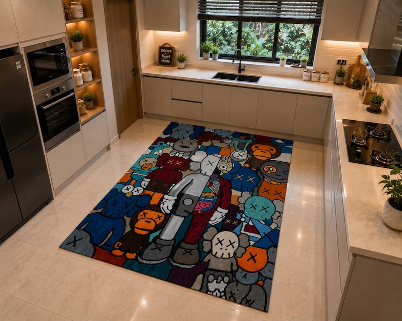 May include: A colorful area rug featuring cartoon-style characters in various colors, including blue, gray, red, and orange. The rug is rectangular and placed on a light-colored tiled floor in a kitchen setting.