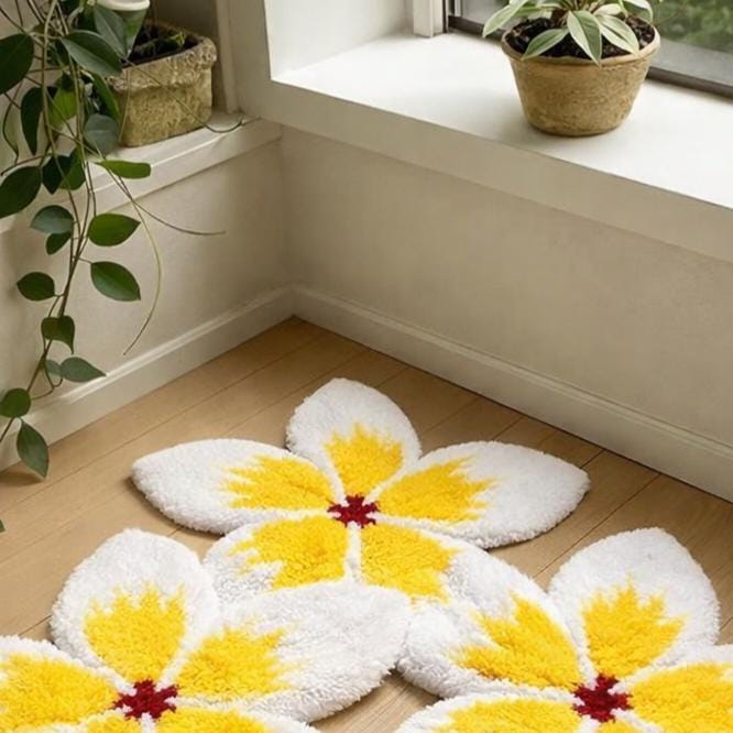Handmade Plumeria Flower Rug Set, Custom Tufted White and Yellow Floral ...