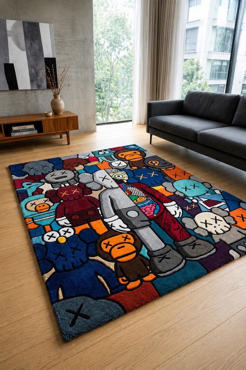 May include: A colorful area rug featuring a repeating pattern of cartoon figures in various colors. The rug has a rectangular shape and is placed on a hardwood floor. The figures include characters with X-shaped eyes and crossbones.