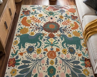 Handmade Folk Art Animal Rug, Custom Tufted Colorful Floral Horse Carpet, Aesthetic Boho Nursery Floor Mat, Whimsical Vibrant Area Rug Art