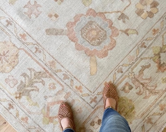 Hand-Knotted Oushak Rug, Authentic Pastel Turkish Style Wool Carpet, Muted Neutral Antique Floral Area Rug, Luxury Traditional Large Rug