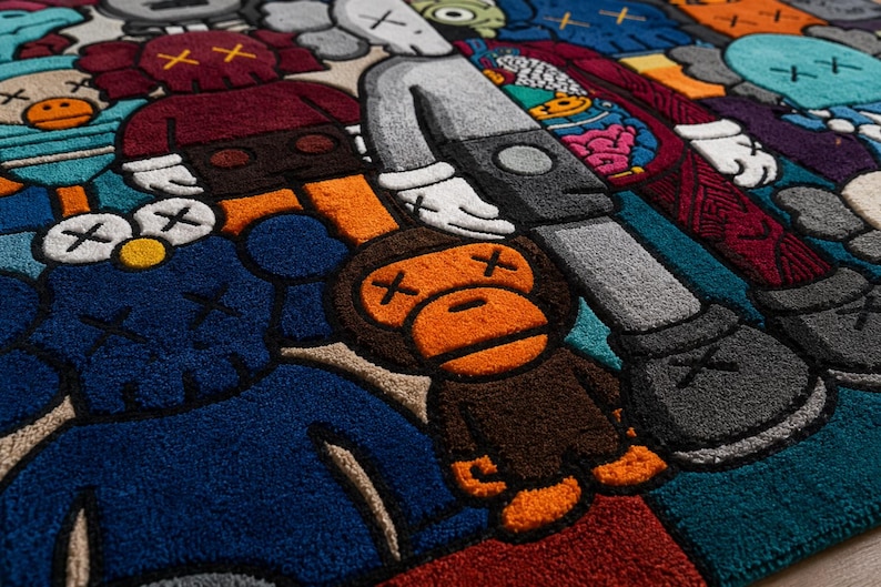May include: A colorful, plush rug featuring a repeating pattern of cartoon figures in various colors. The figures have distinctive X-shaped eyes and crossbones. The rug's design includes shades of blue, red, orange, and gray.