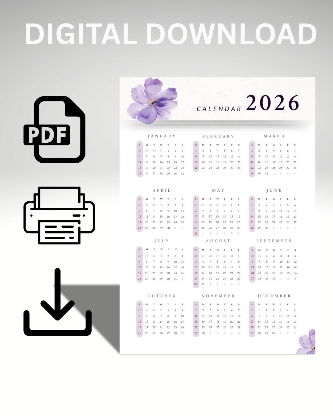 2026 Year at a Glance Calendar Printable, Full Year One Page, A4 Pdf ...