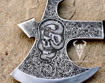 Engraved Bearded Viking Axe – Norse Serpent Carbon Steel Tomahawk, Ornamental Display Collectible