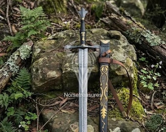 Spada medievale in acciaio ad alto tenore di carbonio realizzata a mano – Espositore per cosplay vichingo con incisione personalizzata