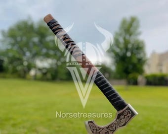 Hand-Forged Viking Bearded Axe – Custom Engraved Carbon Steel Hatchet with Rosewood Handle & Leather Sheath – Nordic Valknut Etched Tomahawk