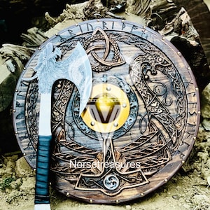Handgeschnitztes Wikinger-Schild-Axt-Set - Nordische Mythologie Wanddekoration