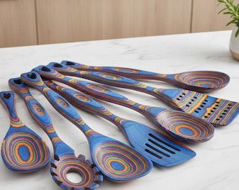 Wooden Cooking Set Pakkawood Utensils, Wooden Spoons Set Nonstick Safe, Blue Heat Resistant Ergonomic Kitchen Tools