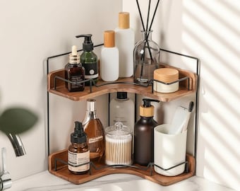 Wooden Corner Shelf Organizer,  2 tier Countertop Rack, Bathroom Vanity Kitchen Storage