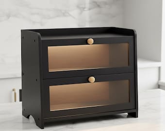 Large Bamboo Bread Box for Kitchen Countertop, Black Farmhouse Wooden Bread Storage Box with Window, Double Layer Products Holder
