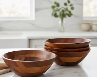 Acacia Wood Bowl Set of 4,  Natural Wood Bowls for Soup, Salad and Noodles, Rustic Kitchen Decor
