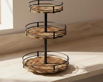 3 Tier Heavy Duty Lazy Susan Organizer, Adjustable Rotating Spice Rack, Walnut Wood Countertop Kitchen Storage Rack
