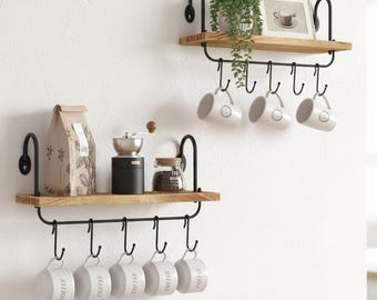 Floating Wall Shelves with Hooks Rustic Coffee Mug Rack Kitchen Bathroom Storage Farmhouse Pine Wood Wall Shelf Set of 2
