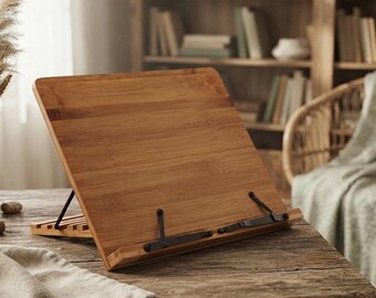 Cookbook Stand, Bamboo Book Holder for Kitchen Counter, Adjustable Recipe Book Stand, Handmade Tablet & iPad Holder