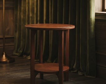 2 Tier Wood End Table, Pine Wood Round Side Table, , Small Space Table for Room
