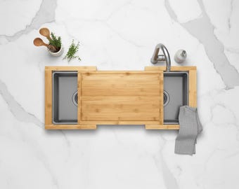 Over Sink Cutting Board Expandable Bamboo Sink Cover Board with Juice Groove, Wooden Chopping Board Space Saver Kitchen