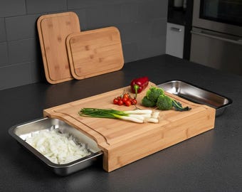 Bamboo Cutting Board with Tray, Wood Chopping Board, Organic  Board with Juice Groove & Stainless Steel Catcher