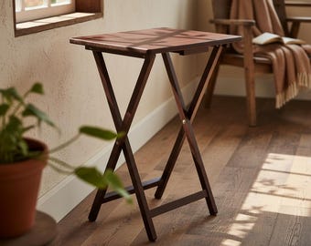 Folding Rubberwood TV Tray Table, Walnut Finish, Portable Snack Side Table