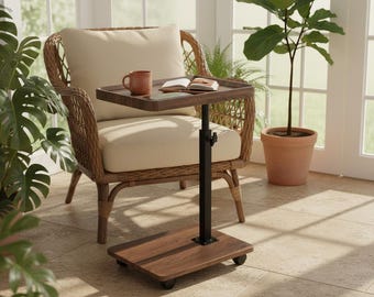 C Shaped Table, Adjustable Sofa Side Table with Wheels,  Rotating TV Tray Table, Bedside Table for Small Spaces