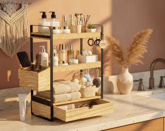 3 Tier Wood Countertop Organizer with Drawer, Rustic wood Storage Rack