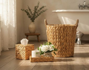 Wicker Bathroom Set Boho Decor, Wicker Trash Can, Water Hyacinth Basket, Rustic Bathroom Organizer Set of 3