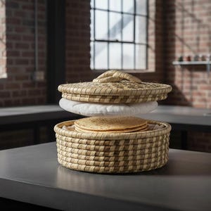 May include: A round, woven basket with a lid, containing tortillas. The basket is made of natural-colored fibers and has a handle on the lid. A white cloth separates the tortillas from the lid. The basket is on a dark countertop.