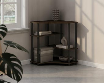4 Tier Corner shelf for Small Spaces, Display Rack Storage Organizer, Walnut Wood Shelves