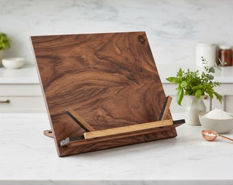 Wooden Cookbook Stand, Walnut Book Holder for Kitchen Counter, Adjustable Recipe Book Stand, Handmade Tablet & iPad Holder