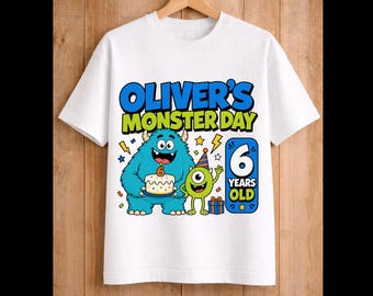 Camiseta de cumpleaños personalizada inspirada en Monsters Inc., temática de fiesta, a juego para toda la familia, regalo para niños, nombre y edad personalizados, regalo para niño.