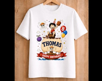 Maglietta personalizzata ispirata a Luffy per la festa di compleanno, con cappello di paglia in stile chibi, regalo per bambino, nome personalizzato, tema compleanno.