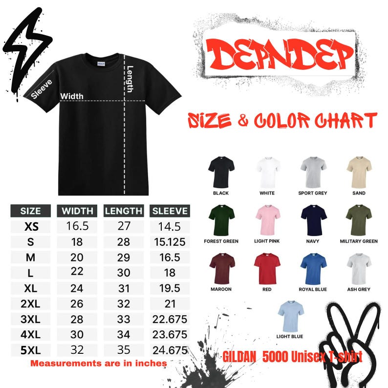May include: Black Gildan 5000 unisex t-shirt with a size and color chart. The chart shows various colors, including black, white, and navy. Measurements are in inches, with sizes ranging from XS to 5XL. The shirt has a width of 16.5 to 32 inches.
