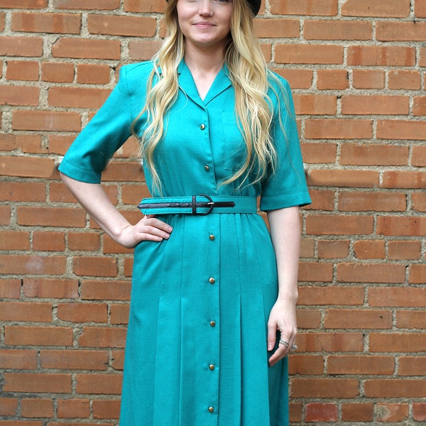 Pinup 1940's 1950s Teal Retro Vintage Dress / Pleated Skirt & Belt - Size 4 Small - Mad Men Fashion Office Dress - Pinup Dress - Shirt Dress