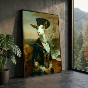Whimsical Goat Portrait Canvas, Vintage Pirate Costume Wall Art, Animal Character Canvas, Nautical Sailing Ship Background, Unique Home