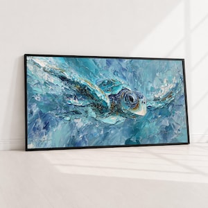 Blue Sea Turtle Canvas Wall Art, Ocean Life Painting, Marine Animal Decor, Abstract Underwater Canvas, Coastal Wall Art, Ready to Hang