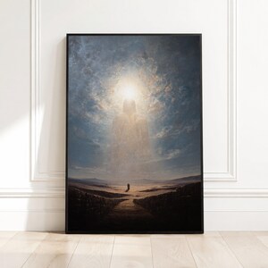 Mystical Desert Pathway Canvas, Spiritual Light Figure Wall Art, Surreal Landscape Canvas, Illuminated Horizon Decoration, Divine Aura