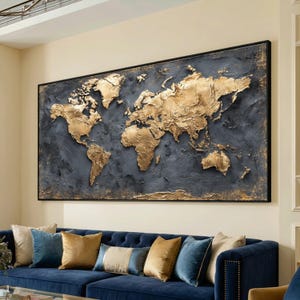 Lienzo con mapa del mundo dorado, arte abstracto de globo terráqueo para pared, decoración moderna para viajes, lienzo metálico con la Tierra, decoración para oficina o estudio.