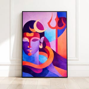 Abstract Lord Shiva Canvas Wall Art, Modern Spiritual Painting, Hindu God Home Décor, Colorful Trident and Moon, Unique Canvas Art
