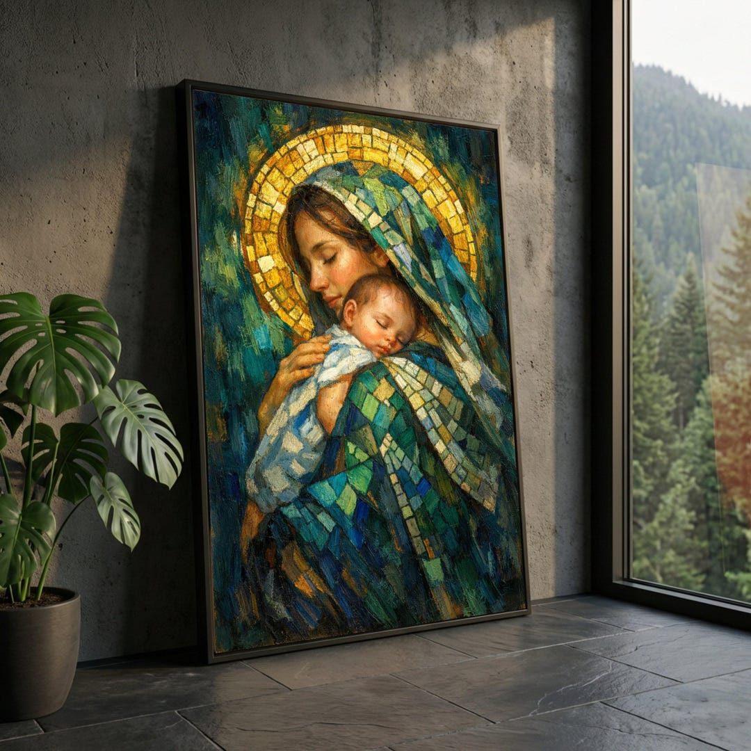 Mary and Baby Jesus Canvas Wall Art, Religious Mosaic Style Painting ...
