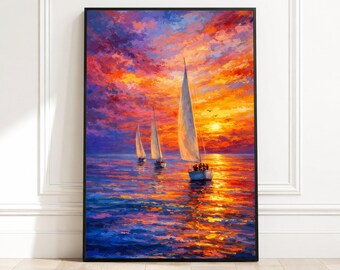 Vibrant Sunset Sailboats Canvas, Seascape Wall Art, Colorful Ocean Sunset Painting, Nautical Home Decor, Tranquil Sailing Scene Canvas