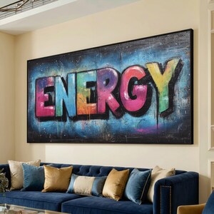 Lienzo con grafiti de energía vibrante, arte mural urbano colorido, lienzo con tipografía llamativa, decoración de arte callejero moderno.