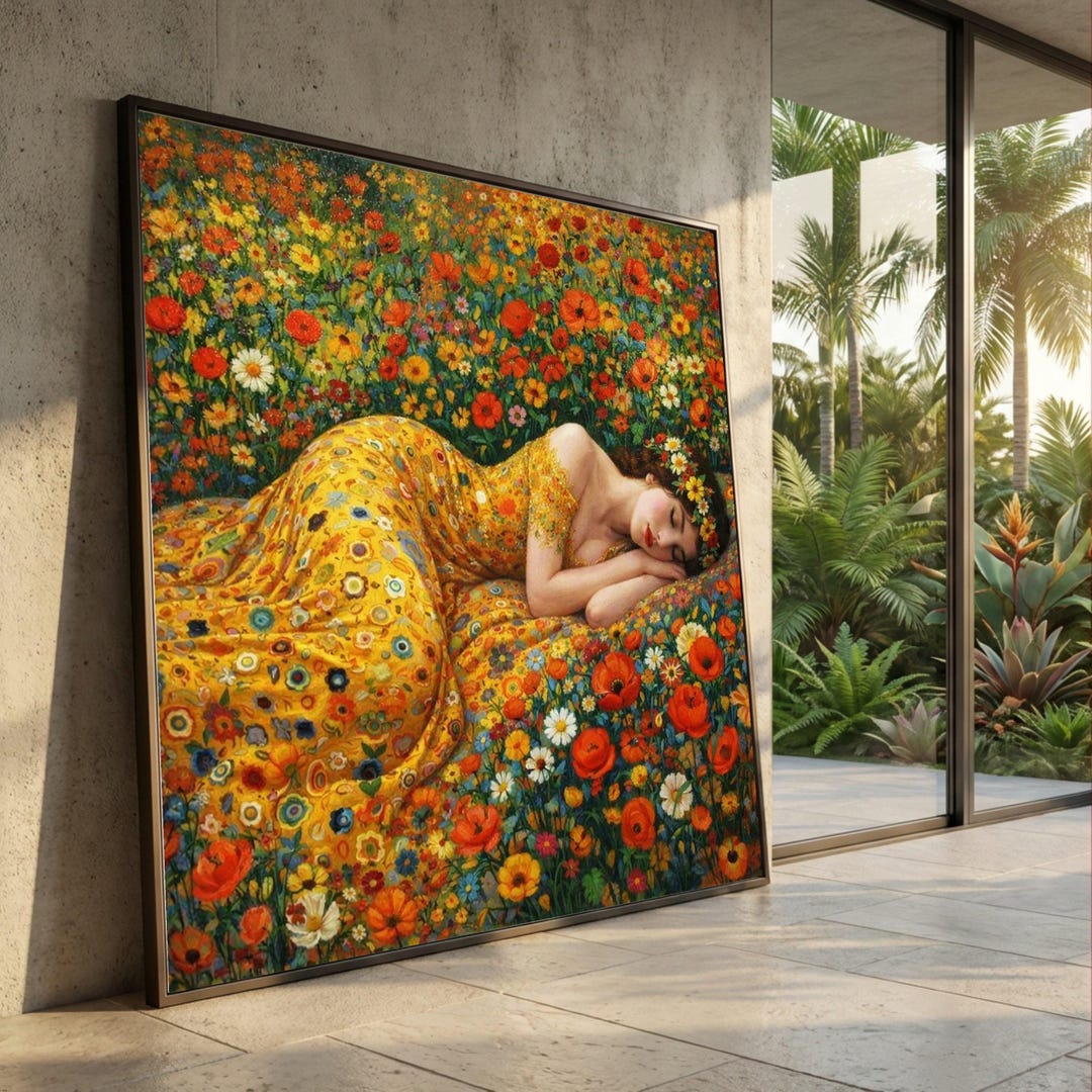 Sleeping Woman in Floral Garden, Gustav Klimt Style Canvas, Colorful ...