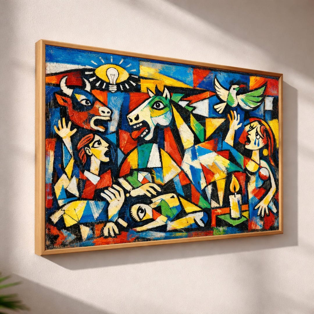 Modern Abstract Cubism Canvas, Colorful Animal and Human Figures ...