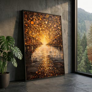 Puede incluir: Una impresión artística enmarcada con una vibrante exhibición de luz dorada y naranja, creando un efecto de túnel. La obra de arte se encuentra sobre un fondo oscuro, con una superficie reflectante debajo. La pieza está apoyada contra una pared gris.