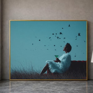 Elegant Woman in Fur Coat Canvas, Moody Portrait Wall Art, Stylish Home Decoration, Red Sofa and Birds Scene, Contemporary Canvas Print