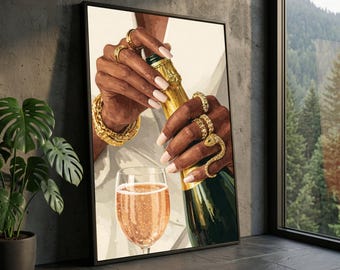 Elegante Hände mit Goldschmuck und Champagnerflasche Leinwand, Luxus Glamour Wandkunst, Mode Wohnkultur, moderne schicke Leinwanddruck